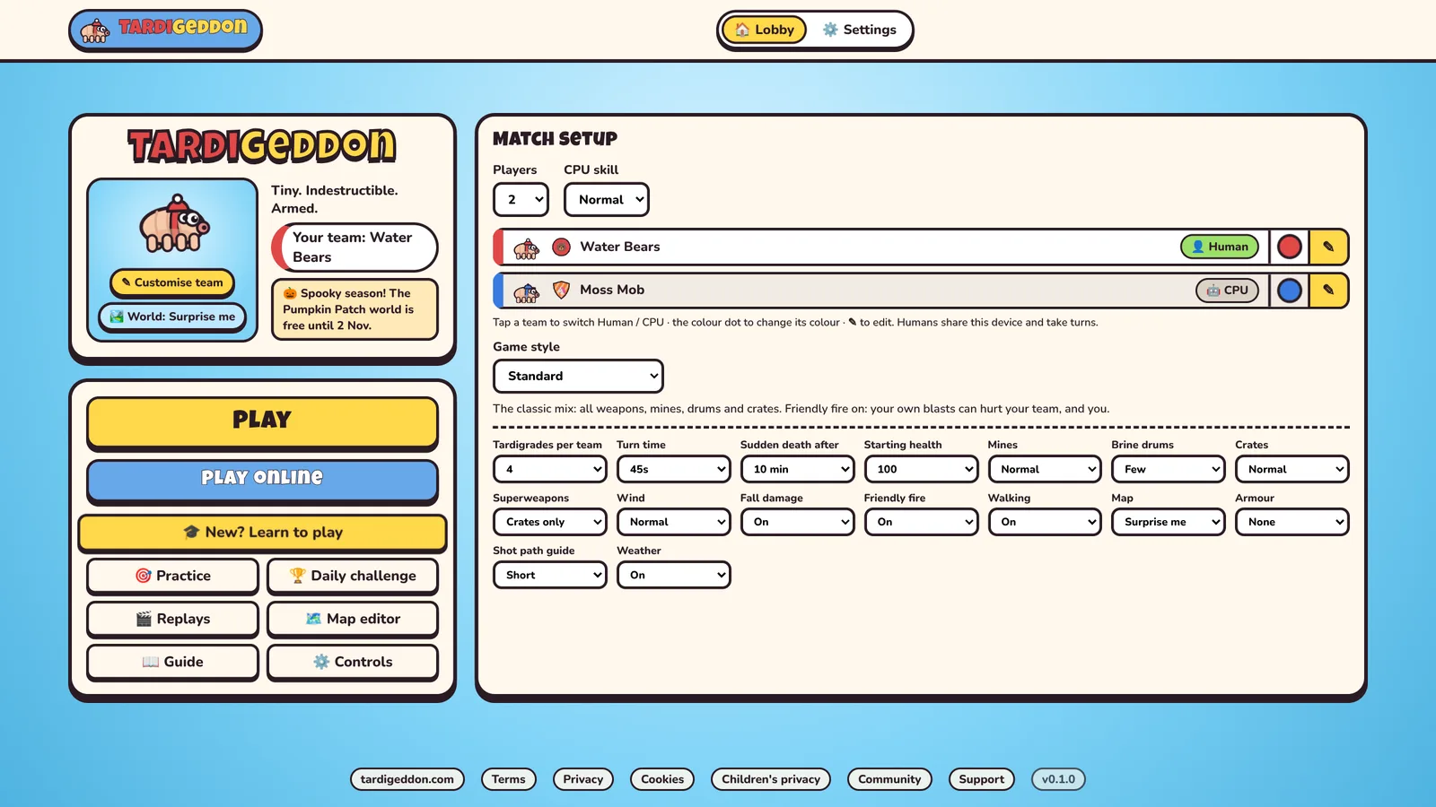 The game's lobby: your team, Play and Play online, Learn to play, Practice, Daily challenge and Replays, and the match setup with every rule.