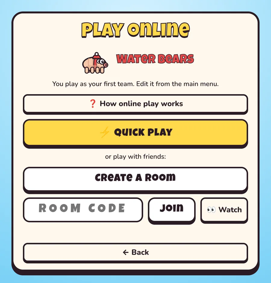 The Play online screen: Quick play, Create a room, and a box for a friend's room code.