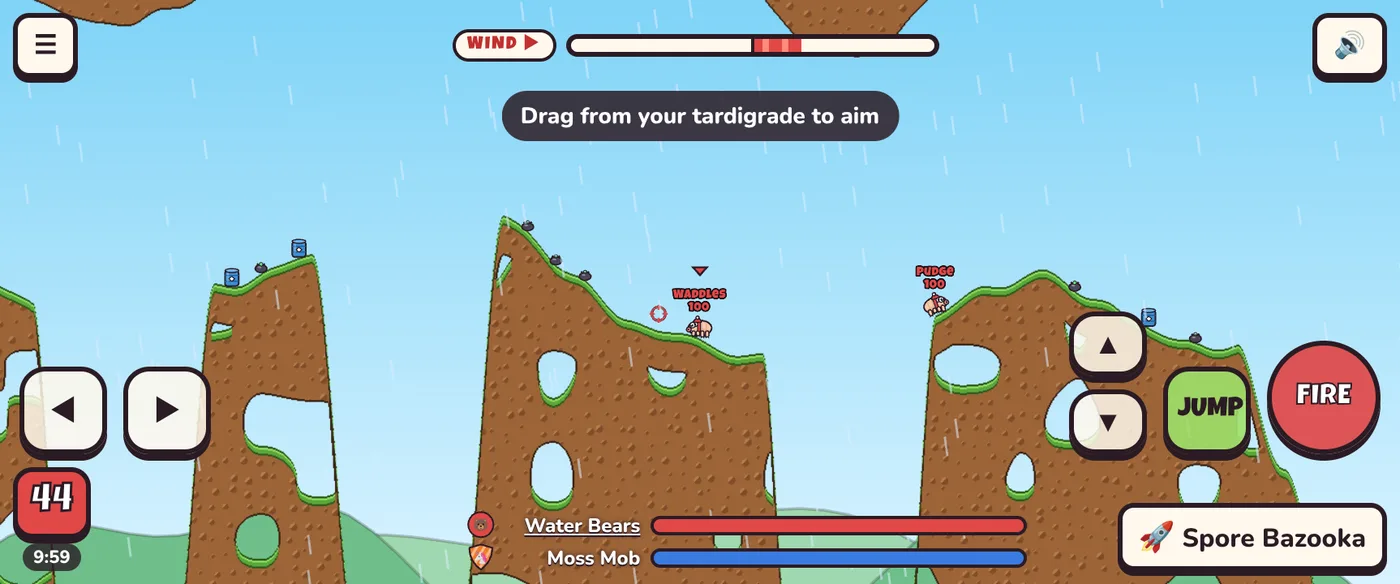 The game on a phone held sideways, with big touch buttons for moving, aiming, jumping and firing.