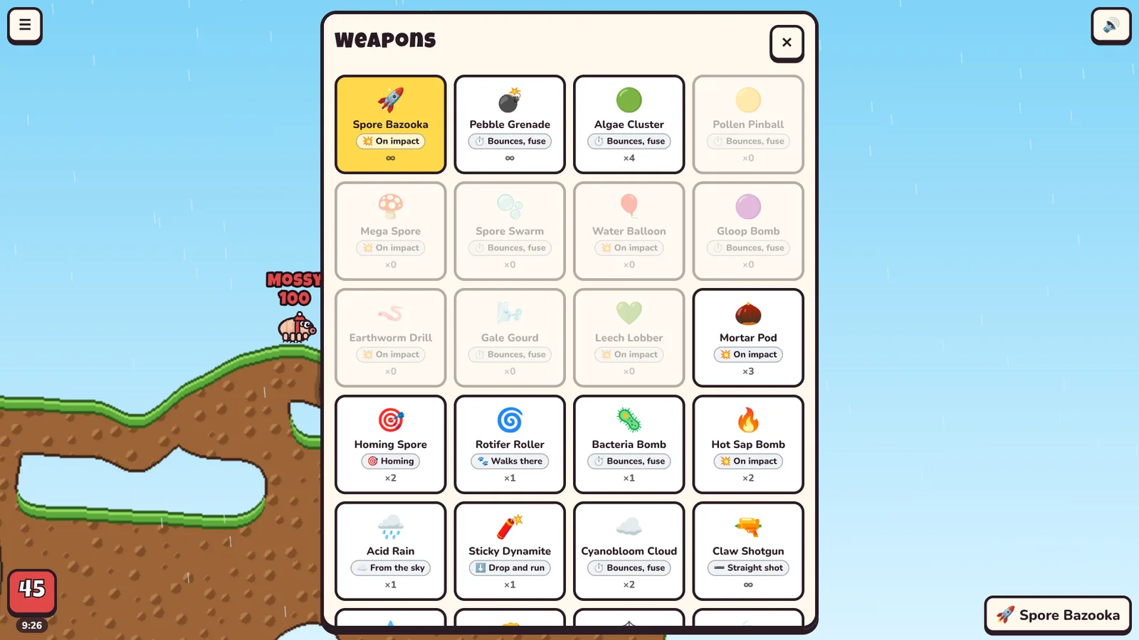 The weapon panel: each weapon with a tag saying how it’s used, such as On impact, Bounces, fuse or From the sky.